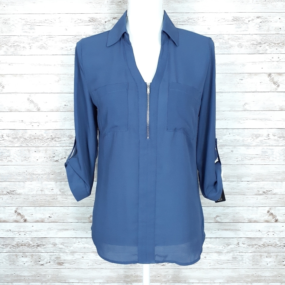 BCX Zip Front Blouse S Tab Button Sleeves Blue 923 - Picture 2 of 7